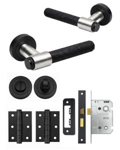 IRONZONE Flare Knurled Door Handle on Rose - Bathroom Pack - Matt Black/Satin Nickel