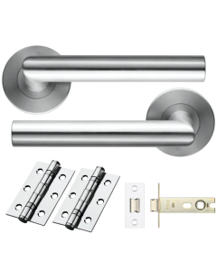 STEELWORKS Mitred Door Handle on Rose - Latch Pack - Satin Stainless Steel