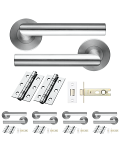 STEELWORKS 5 Sets Mitred Door Handles on Rose - Latch Pack - Satin Stainless Steel