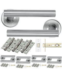 STEELWORKS 5 Sets Straight T-Bar Door Handles on Rose- Latch Pack - Satin Stainless Steel