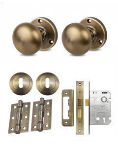 IRONZONE Mortice Sprung Mushroom Door Knobs 58mm Lock Door Pack Set - Antique Brass
