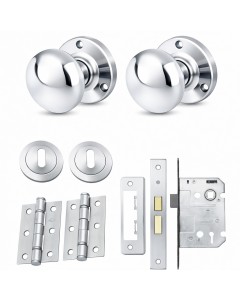 IRONZONE Mortice Sprung Mushroom Door Knobs 58mm Lock Door Pack Set - Polished Chrome