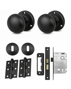 IRONZONE Mortice Sprung Mushroom Door Knobs 58mm Lock Door Pack Set - Matt Black