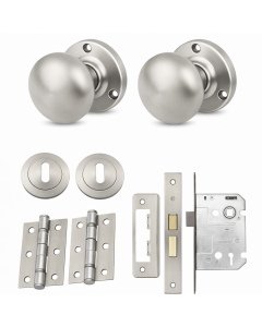 IRONZONE Mortice Sprung Mushroom Door Knobs 58mm Lock Door Pack Set - Satin Nickel