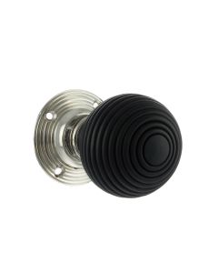 Old English Whitby Ebony Wood Reeded Mortice Knob on 60mm Face Fix Rose - Polished Nickel OE60RREMKPN