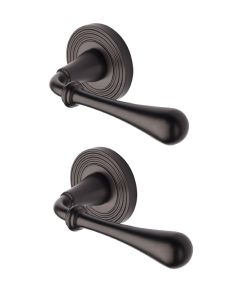 Heritage Brass Door Handle Lever Latch on Round Rose Roma Reeded Design Matt Bronze _x000D_
  RR7156-MB