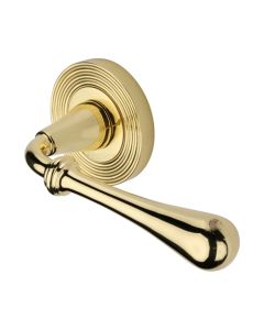 Heritage Brass Door Handle Lever Latch on Round Rose Roma Reeded Design Polished Brass 
  RR7156-PB