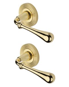 Heritage Brass Door Handle Lever Latch on Round Rose Roma Reeded Design Polished Brass _x000D_
  RR7156-PB