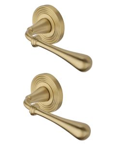 Heritage Brass Door Handle Lever Latch on Round Rose Roma Reeded Design Satin Brass _x000D_  RR7156-SB