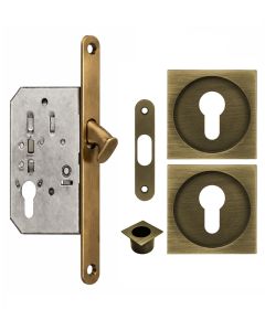 Acre & Clutton Sliding Door Flush Pull Handle Set Euro Lock Profile 53mm Antique Brass