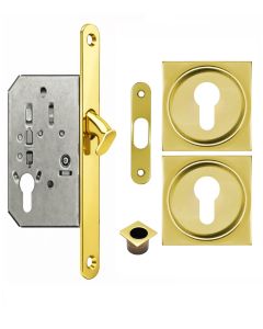 Acre & Clutton Sliding Door Flush Pull Handle Set Euro Lock Profile 53mm Polished Brass