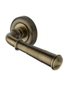 Heritage Brass V1936-AT Door Handle Lever Latch on Round Rose Colonial Reeded Design Antique Brass finish