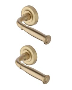 Heritage Brass Door Handle Lever Latch on Round Rose Lincoln Design Satin Brass _x000D_
  V1938-SB