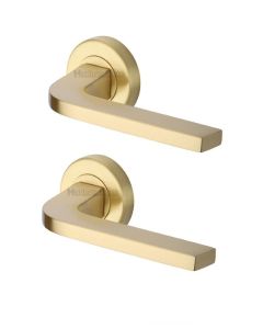 Heritage Brass V2015-SB Door Handle Lever on Rose Bellagio Design Satin Brass Finish