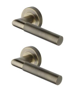 Heritage Brass V2272-AT Door Handle Lever Latch on Round Rose Bauhaus Mitre Knurled Design Antique Brass finish
