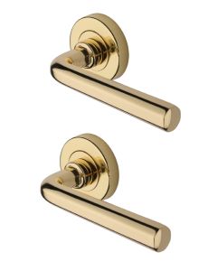 Heritage Brass Door Handle Lever Latch on Round Rose Octave Design Polished Brass   V4545-PB