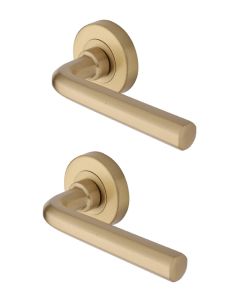 Heritage Brass Door Handle Lever Latch on Round Rose Octave Design Satin Brass   V4545-SB