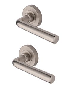 Heritage Brass Door Handle Lever Latch on Round Rose Octave Design Satin Nickel finish