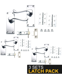 IRONZONE 3 Sets Victorian Scroll Lever on Latch Profile Backplate - Latch Pack - Polished Chrome