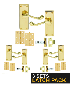 IRONZONE 3 Sets Victorian Scroll Lever on Latch Profile Backplate - Latch Pack - Polished Brass