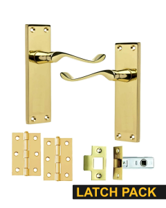 IRONZONE Victorian Scroll Lever on Latch Profile Long Backplate - Latch Pack - Polished Brass