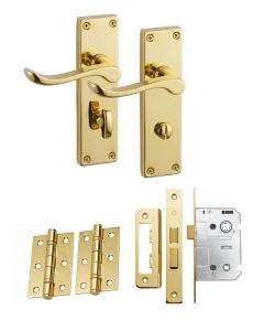 IRONZONE Victorian Scroll Lever on Bathroom Profile Backplate - Bathroom Lock Pack - Polished Brass