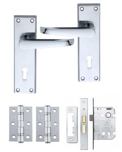IRONZONE Victorian Straight Lever on Lock Profile Backplate - Lock Pack - Polished Chrome
