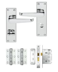 IRONZONE Victorian Straight Lever on Bathroom Profile Backplate - Bathroom Lock Pack - Polished Chrome