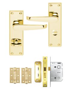 IRONZONE Victorian Straight Lever on Bathroom Profile Backplate - Bathroom Lock Pack - Polished Brass