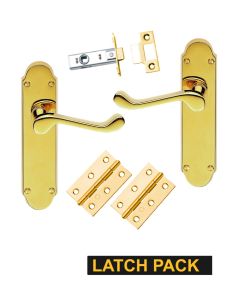IRONZONE Victorian Shaped Scroll Lever on Latch Profile Backplate - Latch Pack - Polished Brass