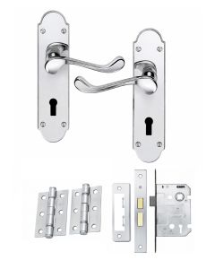IRONZONE Victorian Shaped Scroll Lever on Lock Profile Backplate - Lock Pack - Polished Chrome
