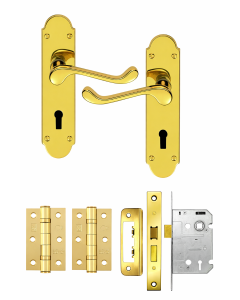 IRONZONE Victorian Shaped Scroll Lever on Lock Profile Backplate - Lock Pack - Polished Brass