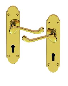 IRONZONE Victorian Shaped Scroll Lever on Lock Profile Backplate - Polished Brass