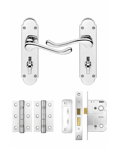 IRONZONE Victorian Shaped Scroll Lever on Bathroom Profile Backplate - Bathroom Lock Pack - Polished Chrome