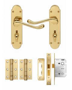 IRONZONE Victorian Shaped Scroll Lever on Bathroom Profile Backplate - Bathroom Lock Pack - Polished Brass