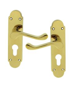IRONZONE Victorian Shaped Scroll Lever on Euro Profile Backplate - Polished Brass