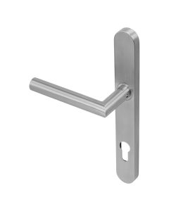 BLU, Mitre Lever Door Handle on Backplate (Dual Sprung), Backplate 249 x 32 x 12.5mm, 316 Satin Stainless Steel. KM078B-SSS