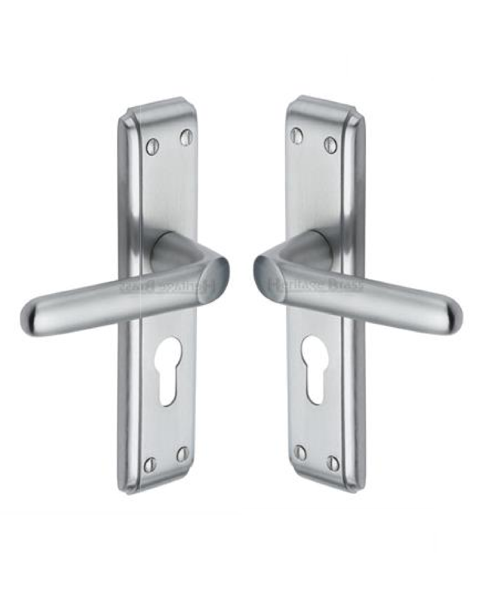 Heritage Brass DEC3048-SC Door Handle for Euro Profile Plate Deco Design Satin Chrome finish
