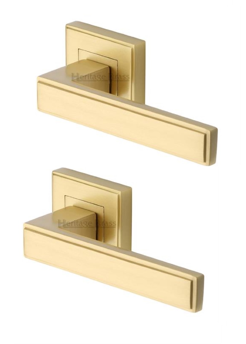 Heritage Brass DEC5430-SB Door Handle Lever Latch on Square Rose Linear SQ Design Satin Brass finish