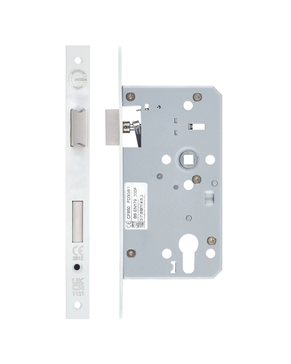 IRONZONE Architectural Din Escape Sash Lock 72mm Centres 60mm Backset Powder Coated White