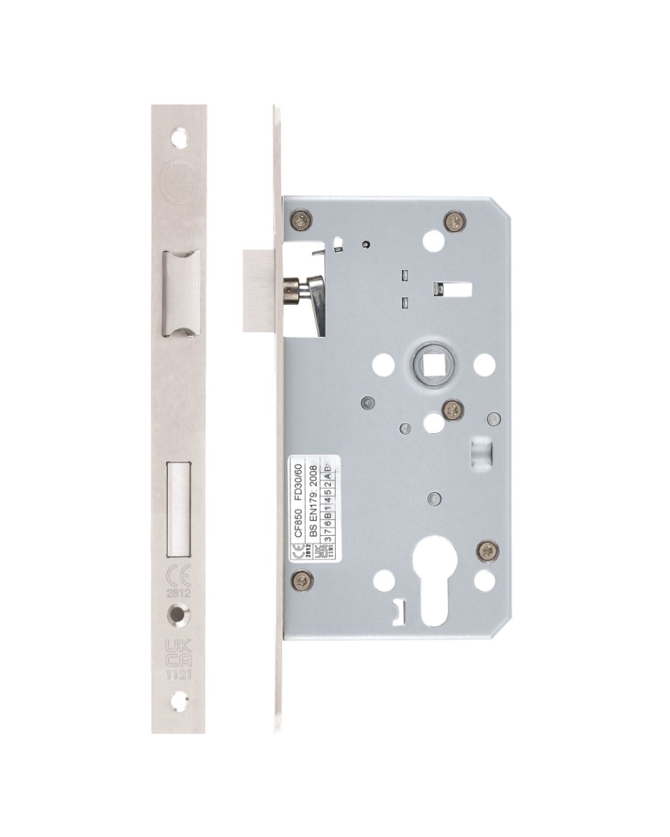 IRONZONE Architectural Din Escape Sash Lock 72mm Centres 60mm Backset Satin Stainless Steel