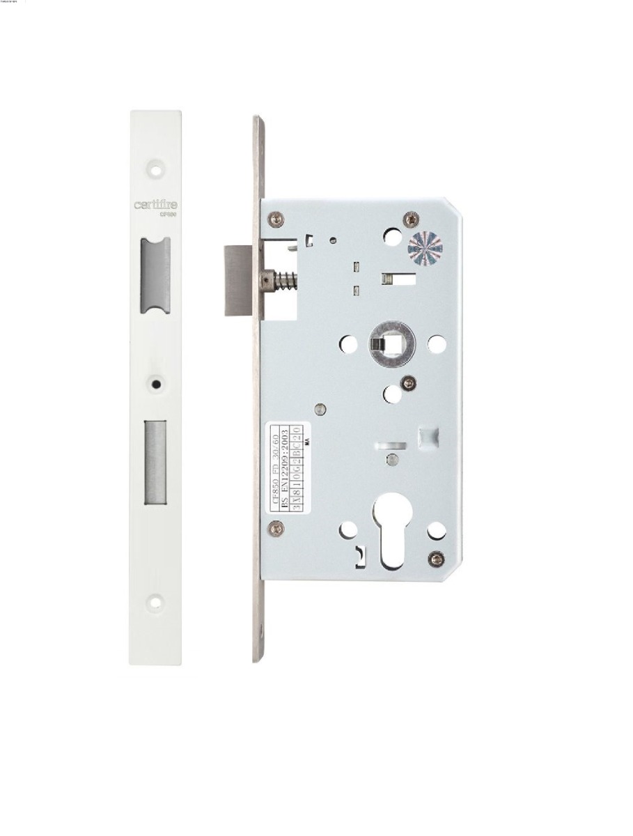 IRONZONE Architectural Din Sash Lock 72mm Centres 60mm Backset Powder Coat White