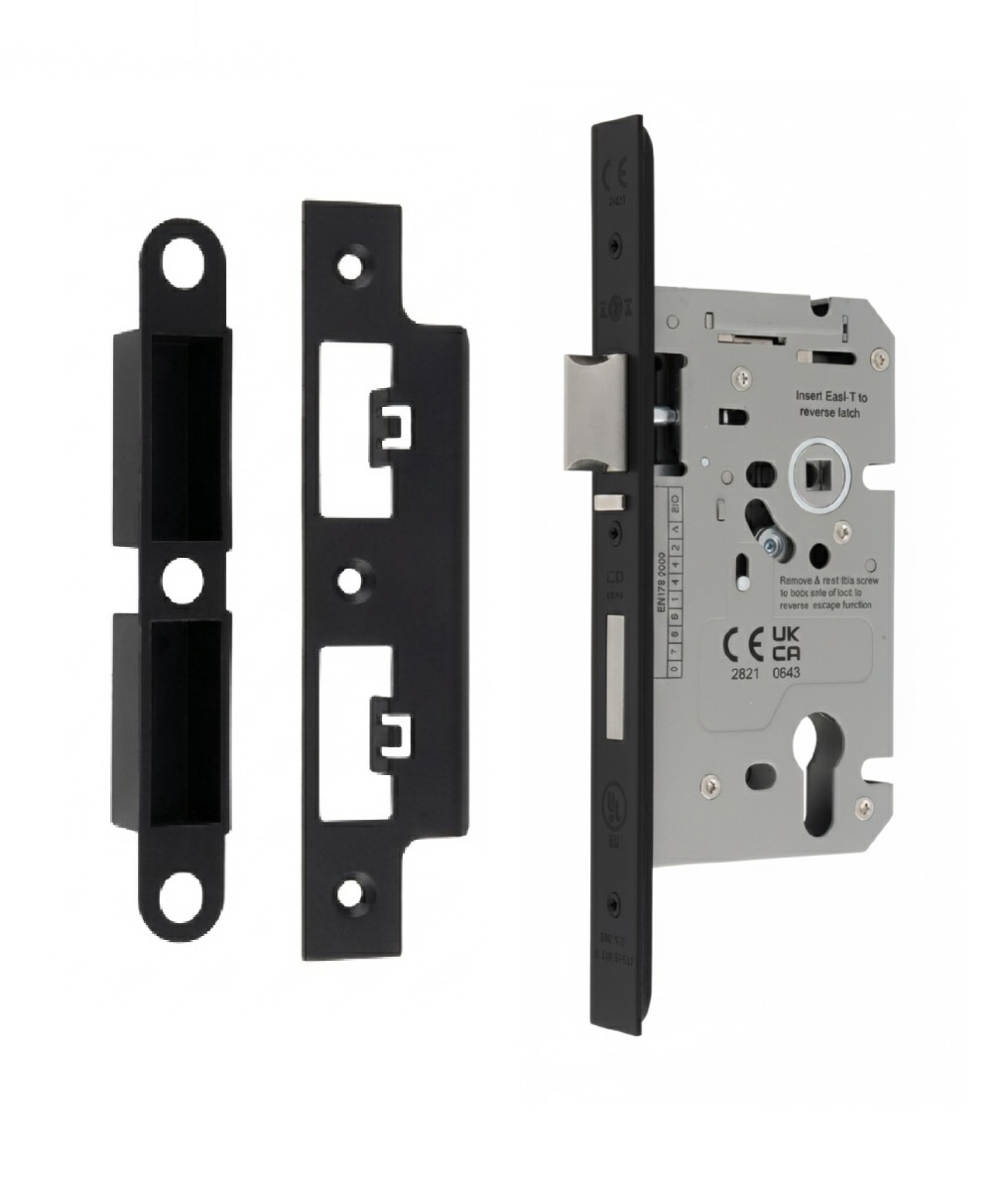 Din Euro Profiile Escape Sashlock 60mm Backset 86mm Case - 72mm Centres - Square Matt Black DLS7260ESCMB Eurospec