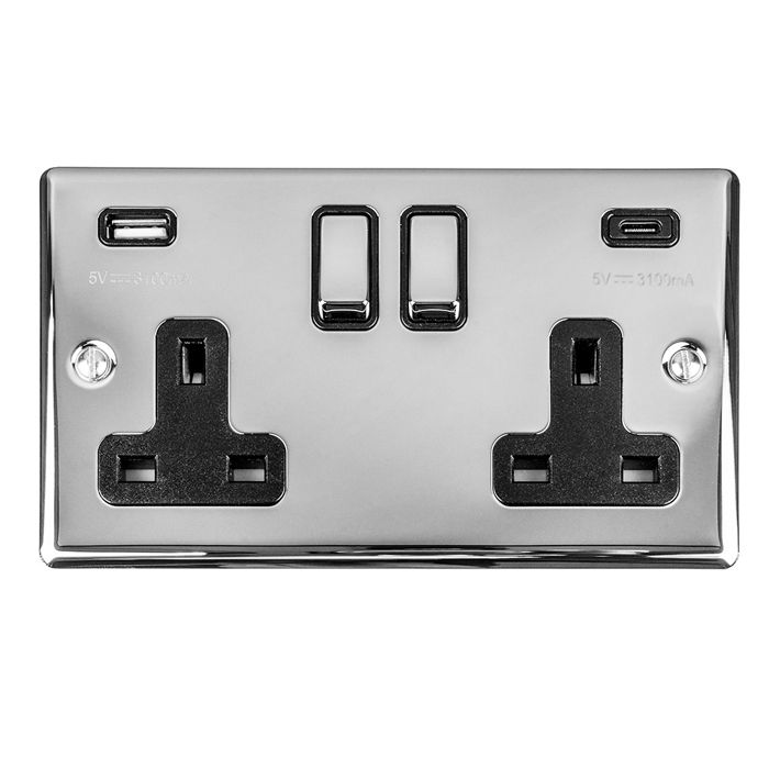 Eurolite Enhance Decorative 2 Gang 13Amp Switched Socket With Usb C Polished Chrome - Polished Chrome