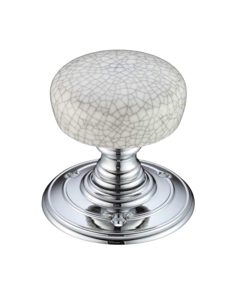 Fulton & Bray FB304GCCP Porcelain Mortice Knob on Round Rose - Grey Crackle - Face Fix Polished Chrome