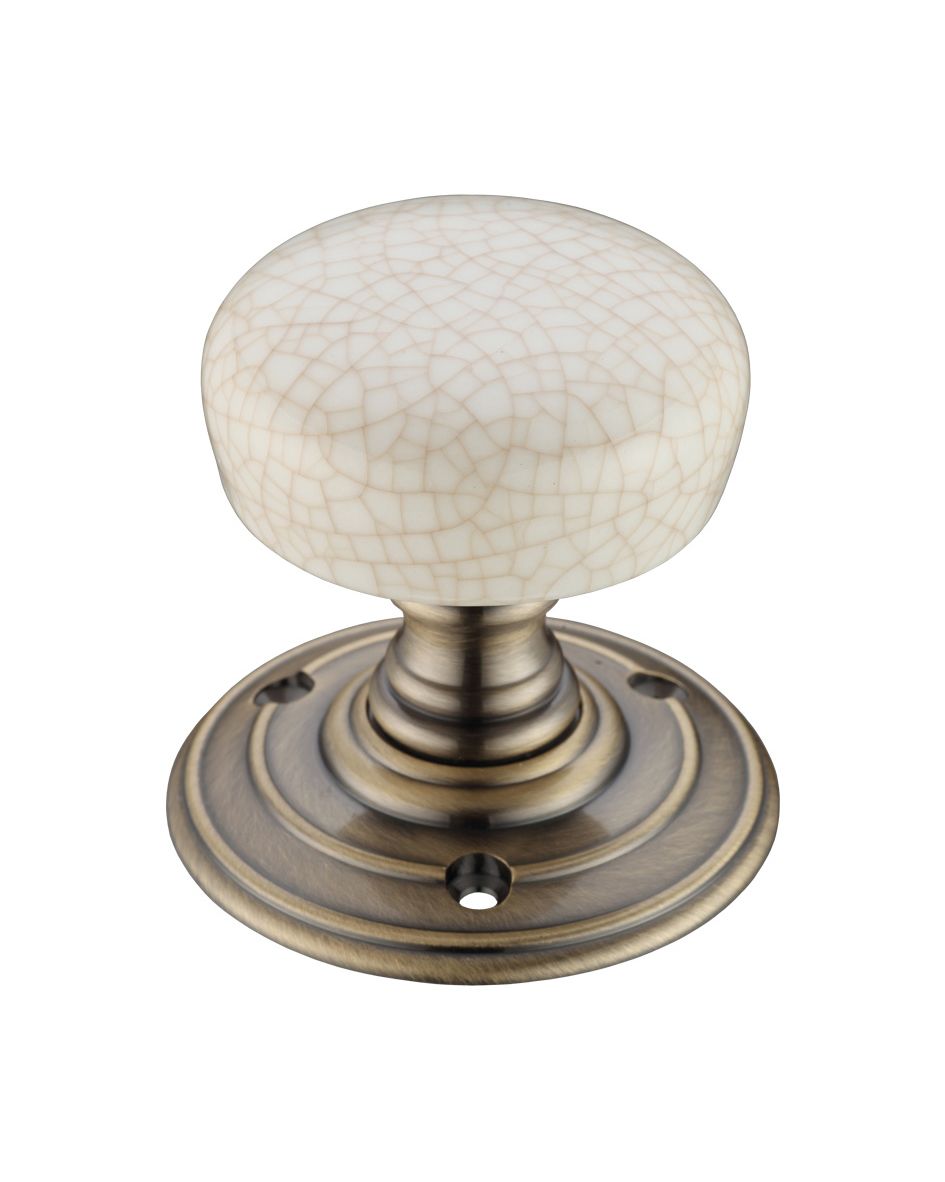 Fulton & Bray FB304ICFB Porcelain Mortice Knob on Round Rose - Ivory Crackle - Face Fix Florentine Bronze