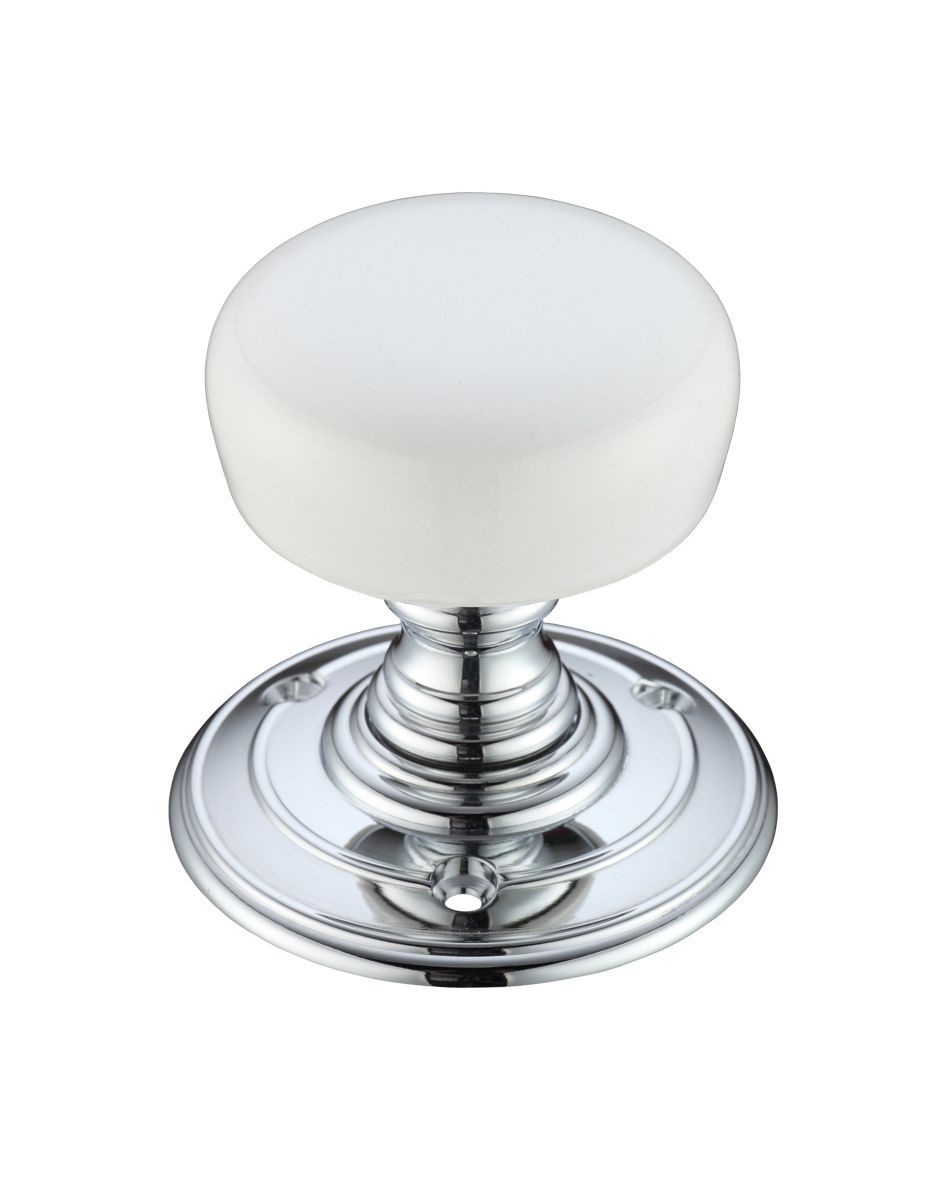 Fulton & Bray FB304PWCP Porcelain Mortice Knob on Round Rose - Plain White - Face Fix Polished Chrome