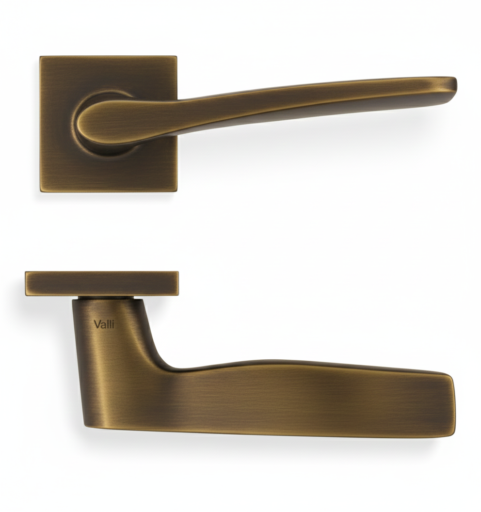 Marius Schreyer Lever Door Handle On Square Rose (Otello) Antique Brass H1018SQAB Eurospec