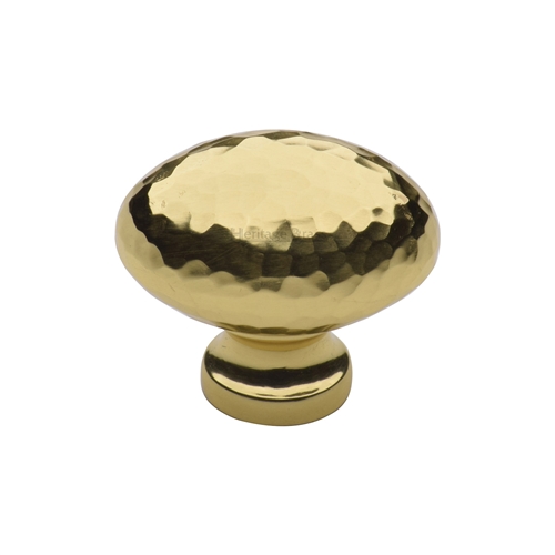 Heritage Brass Cabinet Knob Victorian Oval Hammered Design 32mm Polished Brass