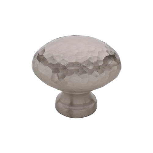 Heritage Brass Cabinet Knob Victorian Oval Hammered Design 32mm Satin Nickel